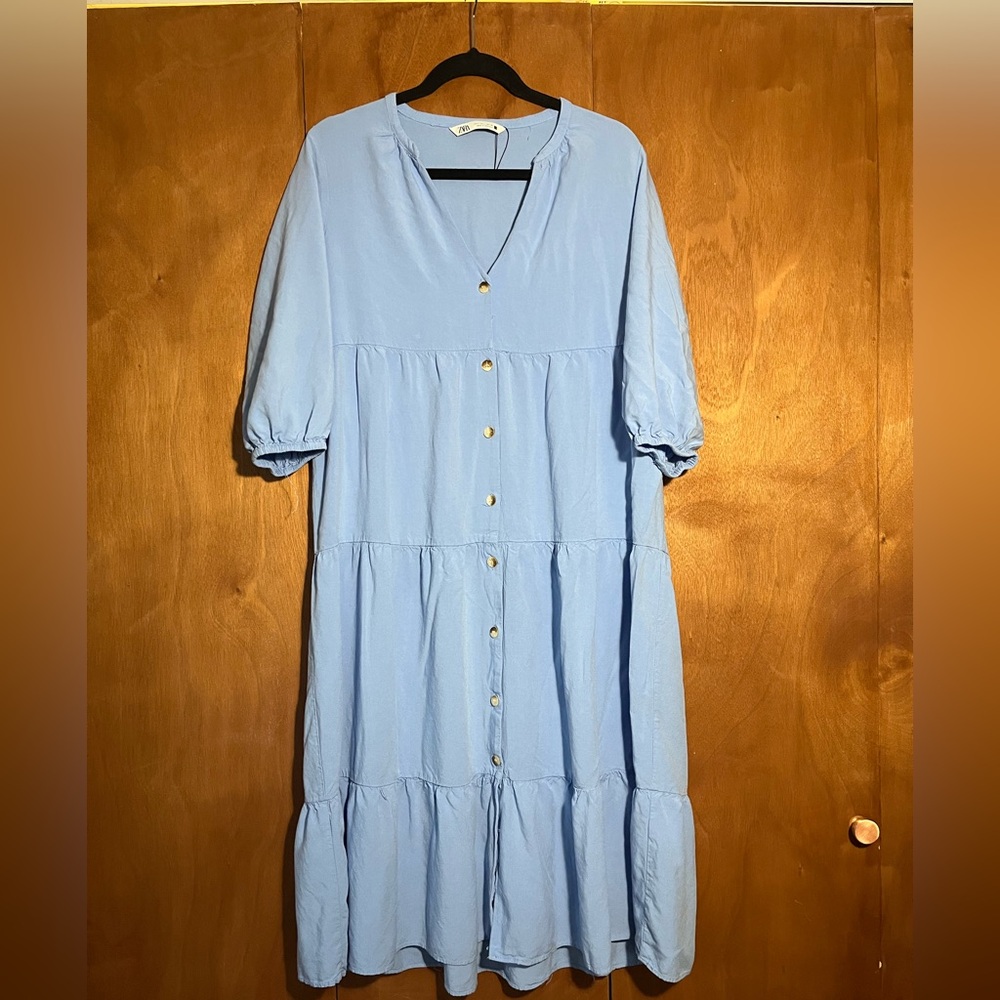 Zara Sky Blue Button-Front Smock Dress